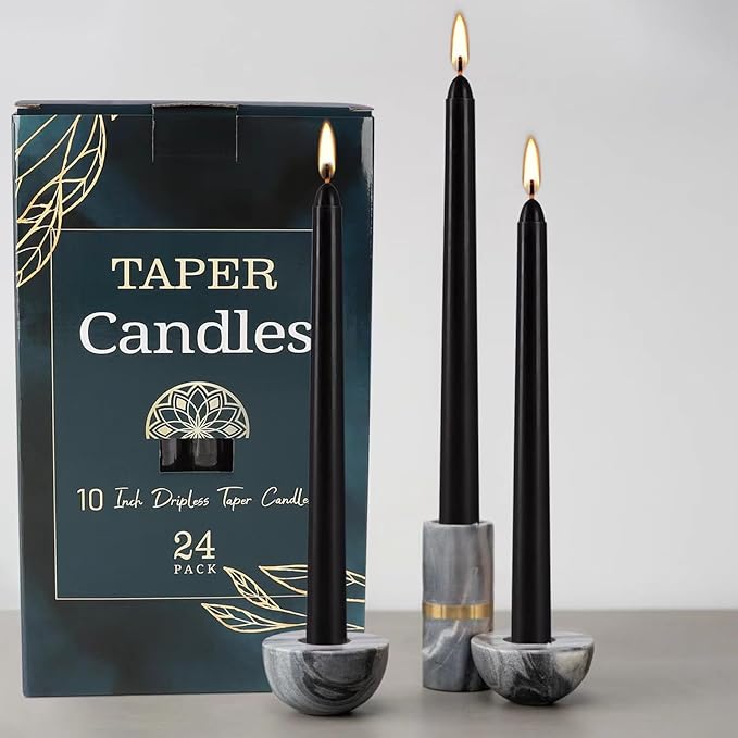 24 Pack Black Taper Candles, 7-8 Hours Burn Time, Unscented, Smokeless and Dripless, 0.75 x 10 Inch Dinner Candle Set for Household, Wedding, Party and Home Décor Candlesticks