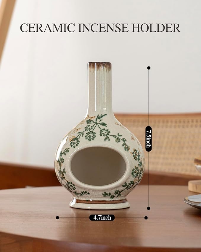 Handmade Ceramic Incense Holder，Stick & Backflow - Sage Holder for Burning ，Meditation Accessories，Easily Grab All Incense Ash (Green and Beige)