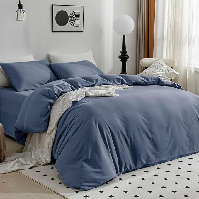 JELLYMONI Blue Duvet Cover Full Size - 100% Washed Cotton Linen Like Textured Comforter Cover, 3 Pieces Breathable Soft Bedding Set with Zipper Closure (Blue, Full 80"x90")