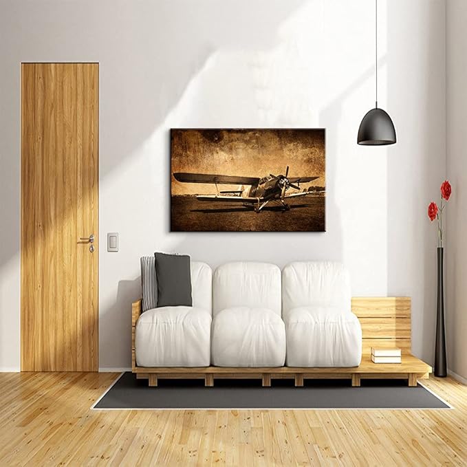 Vintage Fighter Plane Canvas Art - Elderly Propeller Airplane Decor for Home Office - Ready to Hang (28''Hx40''W)