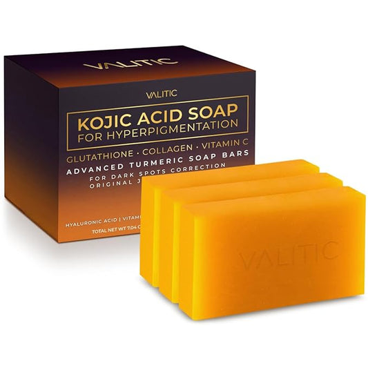 VALITIC Kojic Acid Soap for Hyperpigmentation - with Glutathione, Collagen & Vitamin C - Natural Soap Bars with Turmeric - Original Japanese Complex for Dark Spot Correction - 3 Pack