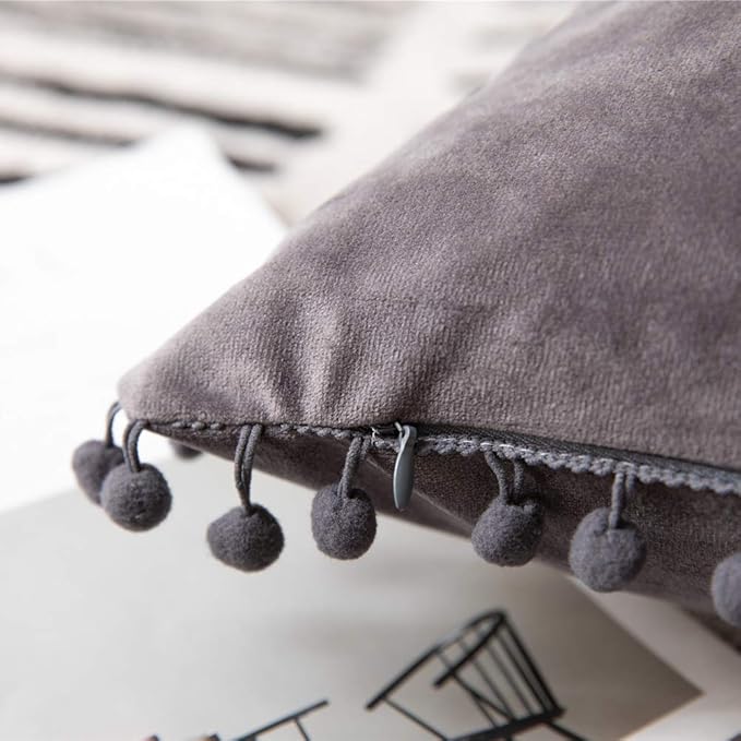 DEZENE Throw Pillow Covers 12x20 Dark-Grey: 2 Pack Cozy Soft Pom-poms Velvet Rectangular Decorative Pillow Cases for Farmhouse Home Decor