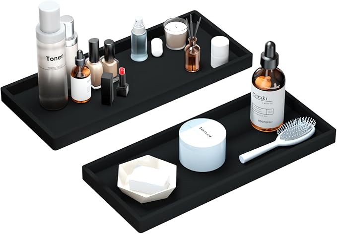 BBK Bathroom Vanity Tray 11.8 in- 2 Pack(Large) Silicone Bathroom Tray for Counter, Perfume Key Trinket Ring Tray, Decor Soap Dispenser Countertop Tray for Kitchen Sink Organization (Black)