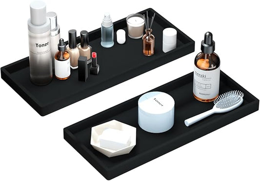 BBK Bathroom Vanity Tray 11.8 in- 2 Pack(Large) Silicone Bathroom Tray for Counter, Perfume Key Trinket Ring Tray, Decor Soap Dispenser Countertop Tray for Kitchen Sink Organization (Black)