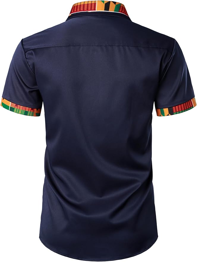 ZEROYAA Men's African Printed Patchwork Design Short Sleeve Button up Shirt