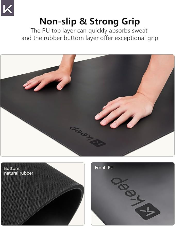 KEEP Professional Yoga Mat with Strap for Men and Women, 5mm Heavy High-Density Natural Rubber Mat for Premium Material Superior Grip, Non-Slip, Eco-Friendly 72"x26" Exercise Mat