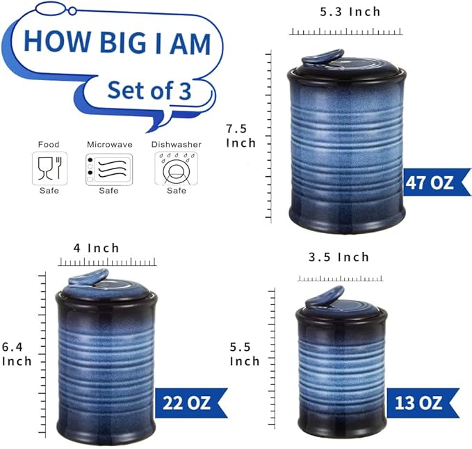 Nihow Food Storage Jar Sets: Ceramic Container with Air Tight Lid for Flour/Sugar/Rice/Coffee/Cookies/Candy - Seal Damp-proof Canister for The Kitchen - Set of 3 （Blue & Black）