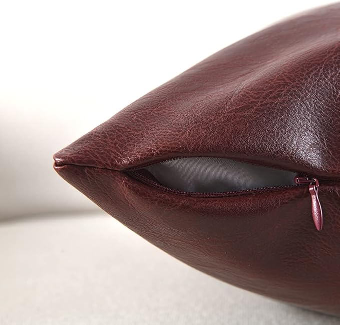 Fancy Homi 2 Packs Burgundy Faux Leather Decorative Throw Pillow Covers 20x20 Inch for Couch Bed Sofa, Modern Farmhouse Boho Home Decor, Wine Red Hand Stitched Accent Square Cushion Case 50x50 cm