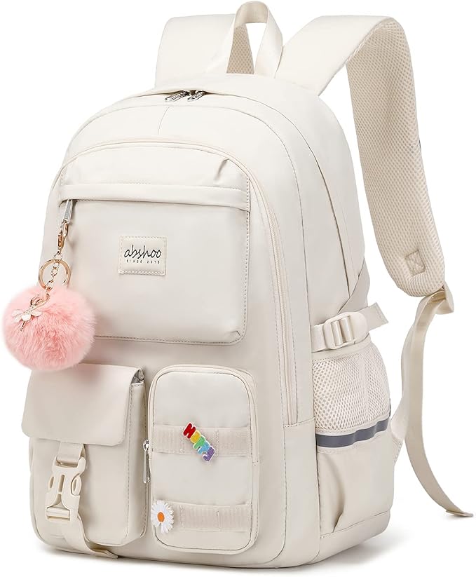 abshoo Big Student Laptop Backpack For College Women Middle High School Teen Girls Bookbag Travel Daypack (Beige)