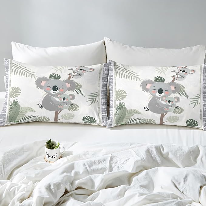 Castle Fairy Cute Koala Kids Duvet Cover Set Full SizeKawaii Koala Baby Western Wild Animal Comforter Cover with 2 PillowcasesGreen Leaves Plant Grey Plaid Cartoon Breathable Bedspread for Boys Teens
