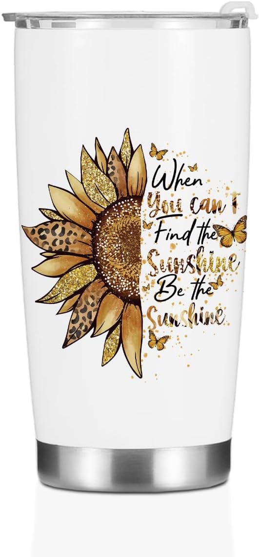 Sunflower Gifts for Women Tumbler, Positive Sunflower Stuff Accessories Birthday Christmas, Inspirational Sunshine Butterfly Coffee Mug Stainless Steel Vacuum Insulated Double Wall Travel Cup，20oz