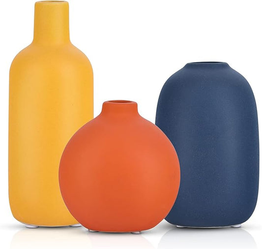 Cute Vase Matte Ceramic vases set of 3 Orange, Modern Boho Vases for Decor small vase,Centerpiece Table Decor japandi home decor Minimalist vase for Décor Room,Entryway, Bookshelf, Mantel, Shelf Décor