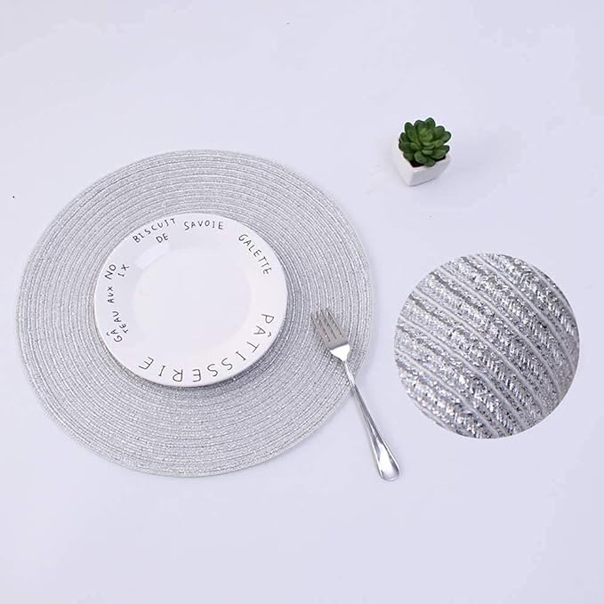 SHACOS Silver Glitter Round Braided Placemats Set of 8 Sparkle Bling Washable 15 inch Round Table Mats Woven Place Mats for Dining Table Christmas Home Table Decor (Silver, 8)