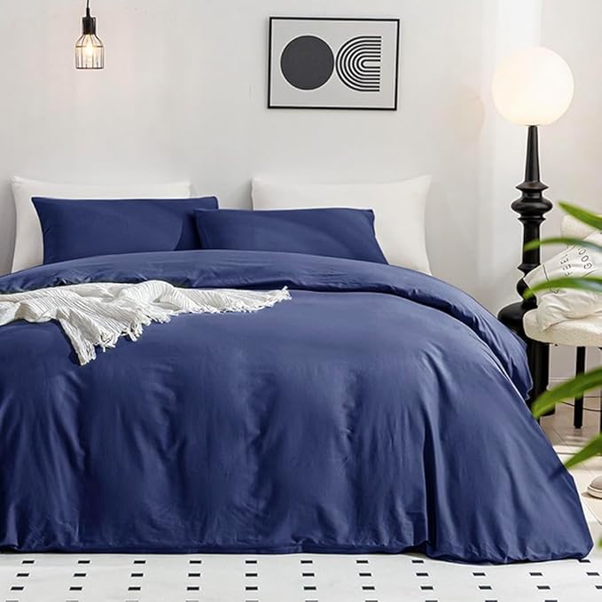 JELLYMONI Cotton Duvet Cover Queen Size - 100% Washed Cotton Linen Like Textured Comforter Cover, 3 Pieces Breathable Soft Bedding Set with Zipper Closure (Navy Blue, Queen 90"x90")