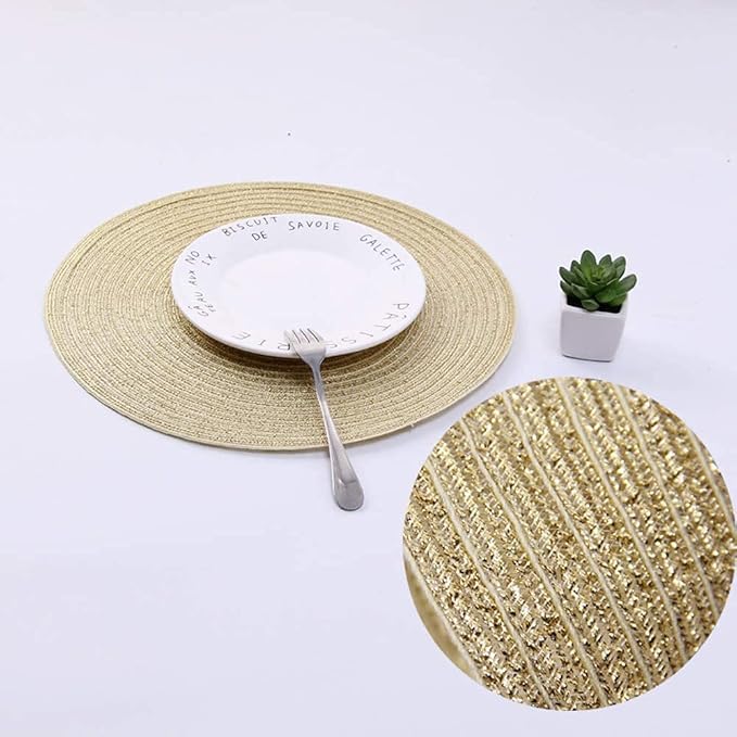 SHACOS Glitter Gold Round Braided Placemats Set of 8 Sparkle Washable 15 inch Round Table Mats Woven Place Mats for Christmas Party Dining Table Decor (Gold, 8)