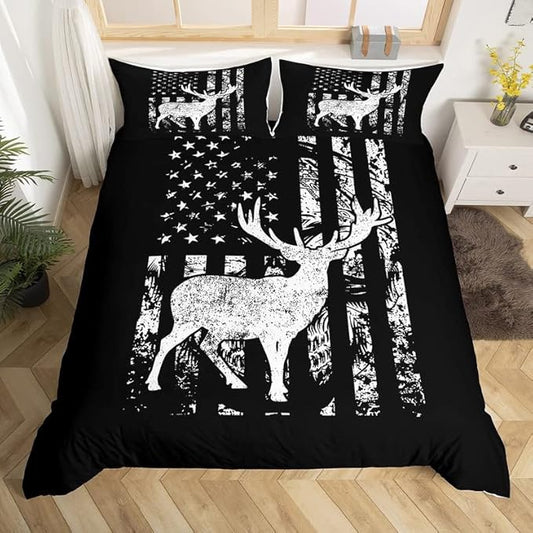 Feelyou America Flag Duvet Cover Set Deer Silhouette Comforter Cover Country Style Bedding Set 1 Duvet Cover & 2 Pillowcases