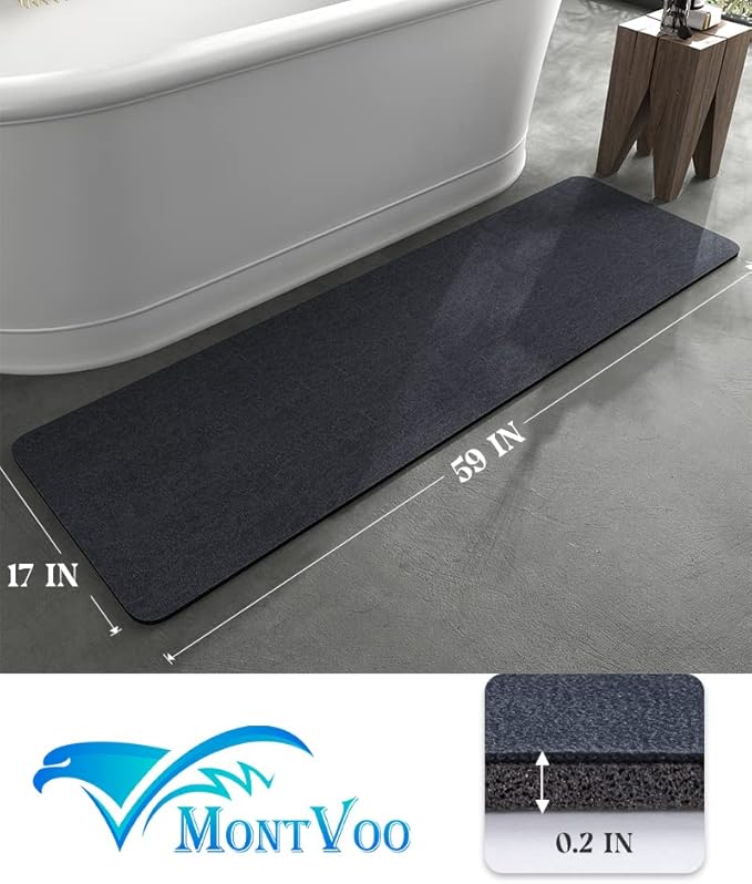 MontVoo -Bath Mat Rug-Rubber Backing Non Slip Quick Dry Absorbent Thin Bathroom Rugs Fit Under Door-Faux Suede Surface Bathroom Floor Mats-Shower Rug for in Front of Bathtub Shower Navy 17"x59"