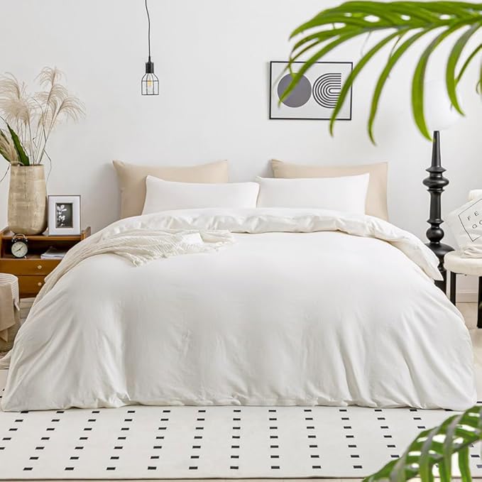 JELLYMONI White Duvet Cover California King - 100% Washed Cotton Linen Feel Textured Lightweight Cooling Comforter Cover, 3 Pieces Soft Bedding Set with Zipper Closure (White, Cal King 104"x98")