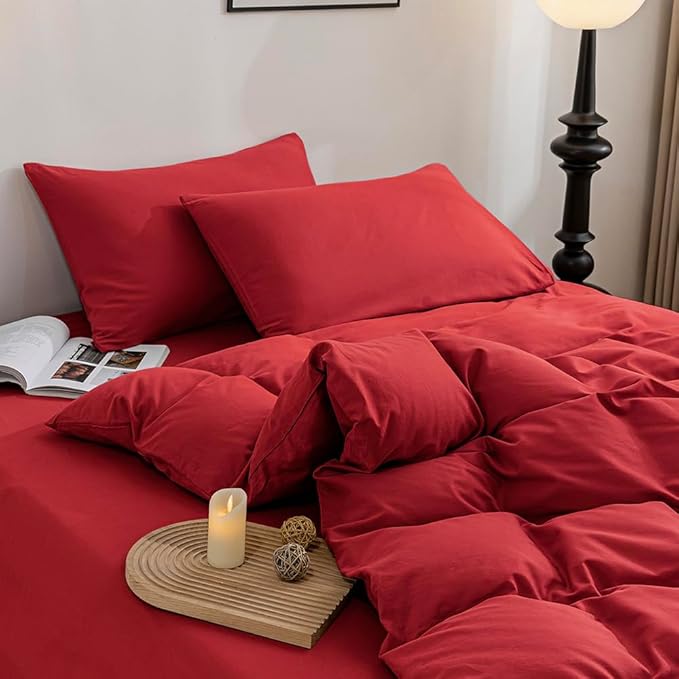 JELLYMONI Red Duvet Cover Queen Size - 100% Washed Cotton Linen Like Textured Comforter Cover, 3 Pieces Breathable Soft Bedding Set with Zipper Closure (Red, Queen 90"x90")