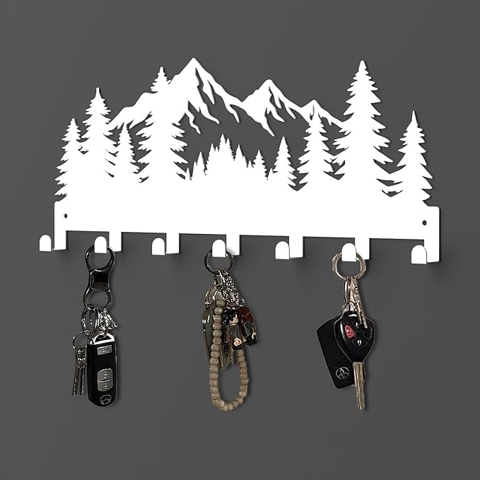Key Holder Wall Mounted Key Hooks, White Metal Key Rack Hooks, Grove, Mountain Theme Wall Decoration Hooks, with 7 Hooks, Applicable to Front Doors, Lobby,Corridor, Offices (12 ")