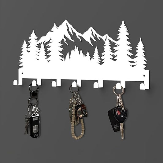 Key Holder Wall Mounted Key Hooks, White Metal Key Rack Hooks, Grove, Mountain Theme Wall Decoration Hooks, with 7 Hooks, Applicable to Front Doors, Lobby,Corridor, Offices (12 ")