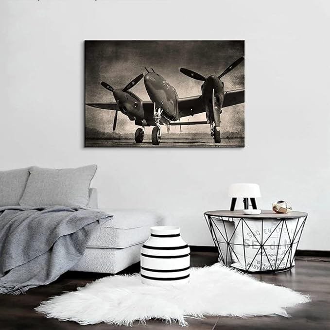 Black and White Twin Engine Airplane Canvas Wall Art - Aviation Decor Propeller Wall Decor - Airplane Art Posters and Gifts for Home - Ready to Hang (28''Hx40''W)