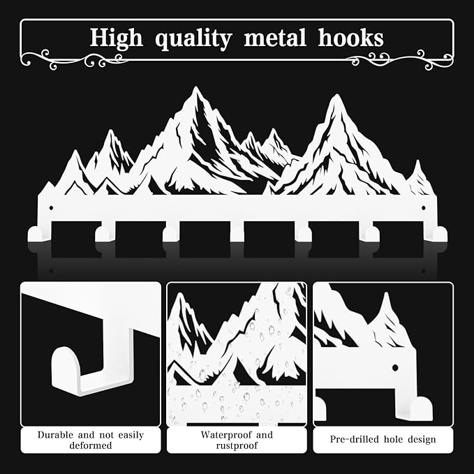 Key Holder Wall Mounted Key Hooks, White Metal Key Rack Hooks, Mountain Theme Wall Decoration Hooks, with 7 Hooks, Applicable to Front Doors, Lobby,Corridor, Offices (12 ")