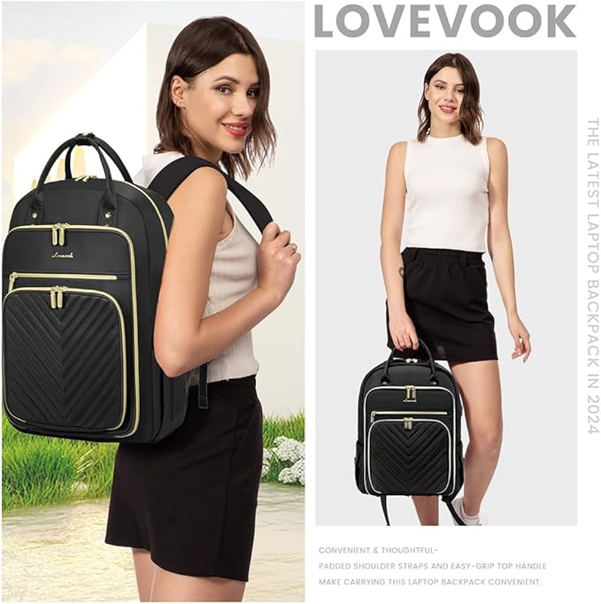 LOVEVOOK Laptop Backpack for Women, Water Resistant Travel Work Backpacks Purse Stylish Business Teacher Nurse Computer Bag with USB Charging Port,Black