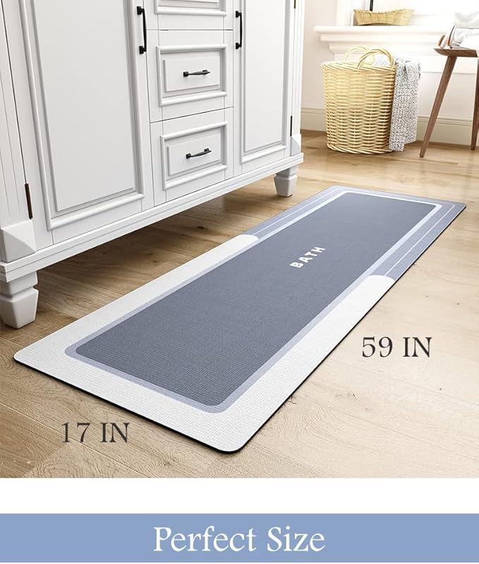 MontVoo-Bath Mat Rug Runner Long Bathroom Mat Rug Non Slip Super Absorbent Stain Resistant Quick Dry Thin Bathroom Rug Fit Under Door-Bath Mats for Bathroom Floor Bathtub Vanity-Bathmat 17"x59" Blue