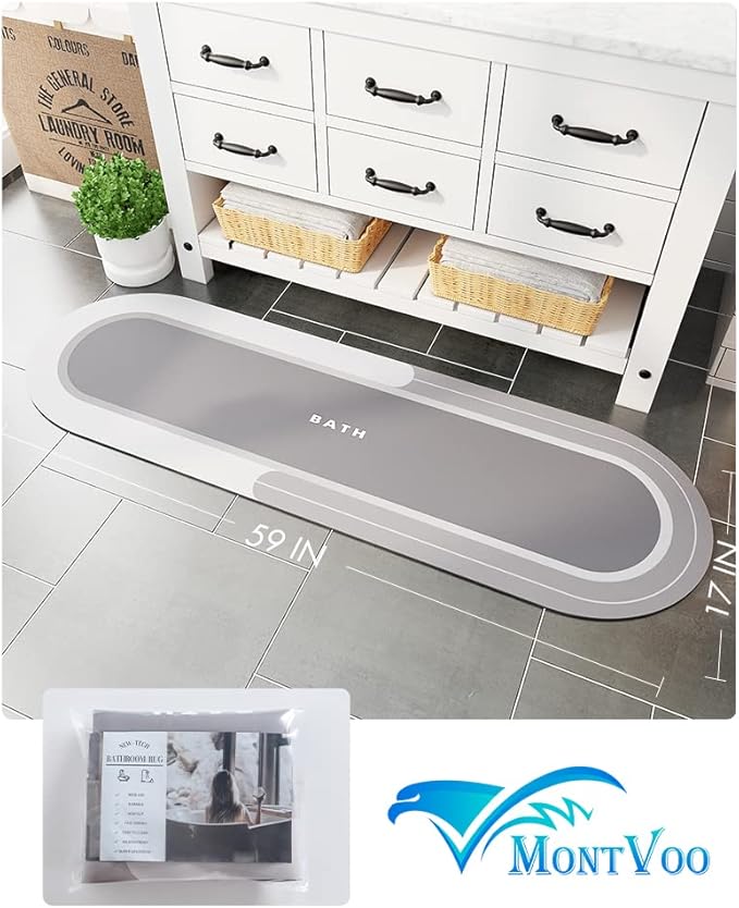 MontVoo Bath Mat Runner - Long Non Slip Absorbent Quick Dry Thin Bath Rug for Bathroom Floor Mat - Rubber Backed - Stain Resistant - Easy Care - Gray 17"x59"