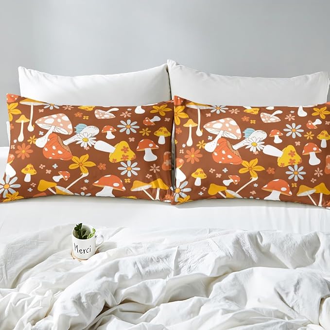 60s 70s Retro Hippie Duvet Cover Set King Size,Groovy Flowers Mushroom Print Comforter Cover with 2 Pillowcases Bedspread,Boho Art Microfiber Quilt Cover for Adult Women,3pcs