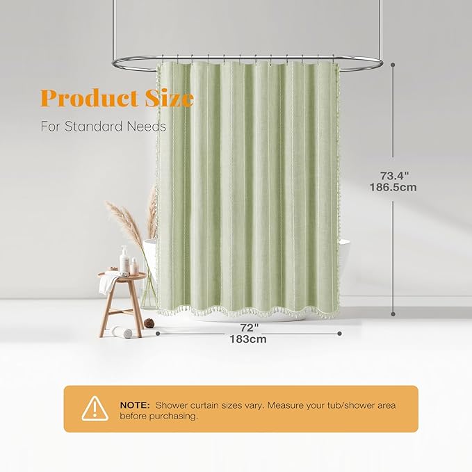 BTTN Sage Green Farmhouse Shower Curtain, Boho Linen Striped Heavy Duty Fabric Shower Curtain Set with Tassel, Bohemian Country Thick Shower Curtain for Bathroom, Wrinkle Free, Water Repellent, 72x72