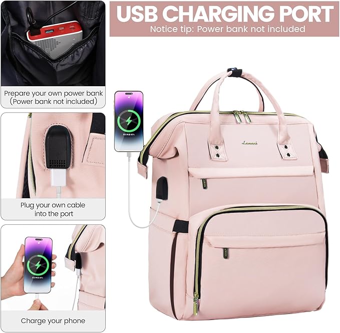 LOVEVOOK Laptop Backpack for Women,17 Inch Professional Womens Travel Backpack Purse Computer Laptop Bag Nurse Teacher Backpack,Waterproof College Work Bags Carry on Back Pack with USB Port, Pink