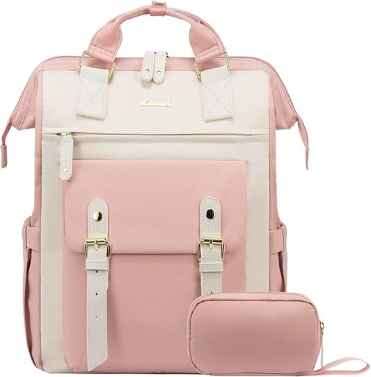 LOVEVOOK 17 Inch Laptop Backpack for Women, Teacher Bag Work Backpack Purse, Business Travel Backpack Nurse Bags College Computer Daypack, Pink-Beige