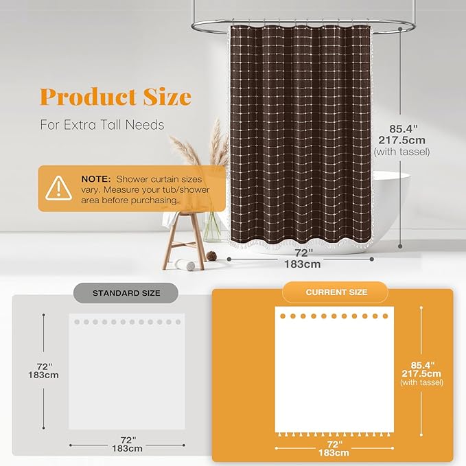 BTTN Extra Long Shower Curtain - 72x84 Inch Long Boho Chic Tassel Linen Fabric Shower Curtain Set with Hooks, Tall Modern Farmhouse Elegant Heavy Duty Thick Cloth Shower Curtains for Bathroom - Brown