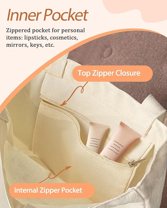 Canvas Tote Bag with Pocket - Aesthetic Cute Canvas Bag for Women Shoulder Totes for Shopping, Work, Gym