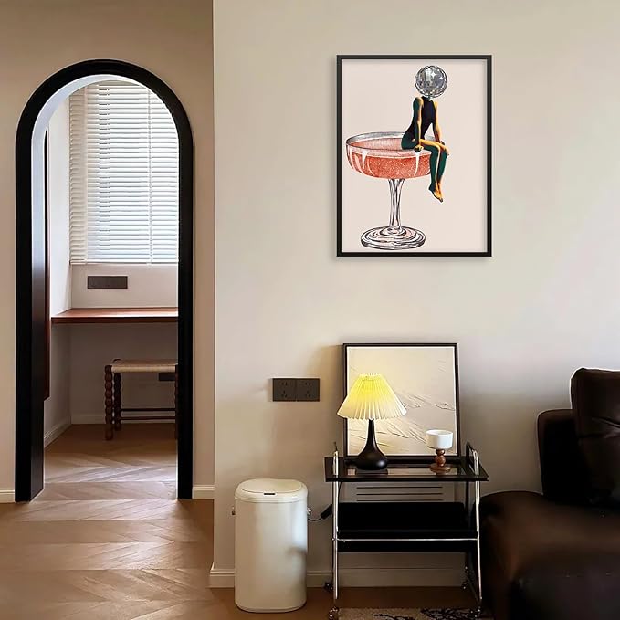 Funky Disco Ball Girly Head Poster 70s Retro Cocktail Canvas Wall Art 24x36 inch Black Framed Trendy Vintage Beige Prints Painting for Family Bar Wall Decor