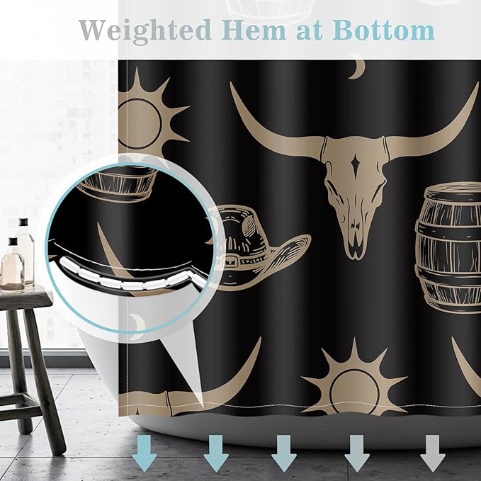 Aimego Western Bull Skull Shower Curtain - Black and Gold Cow Boho Southwest Cowboy Ethnic Tribal Country Farmhouse Fabric Cloth Shower Curtains Set with 12 Hooks for Bathroom Decor, 72"x72"