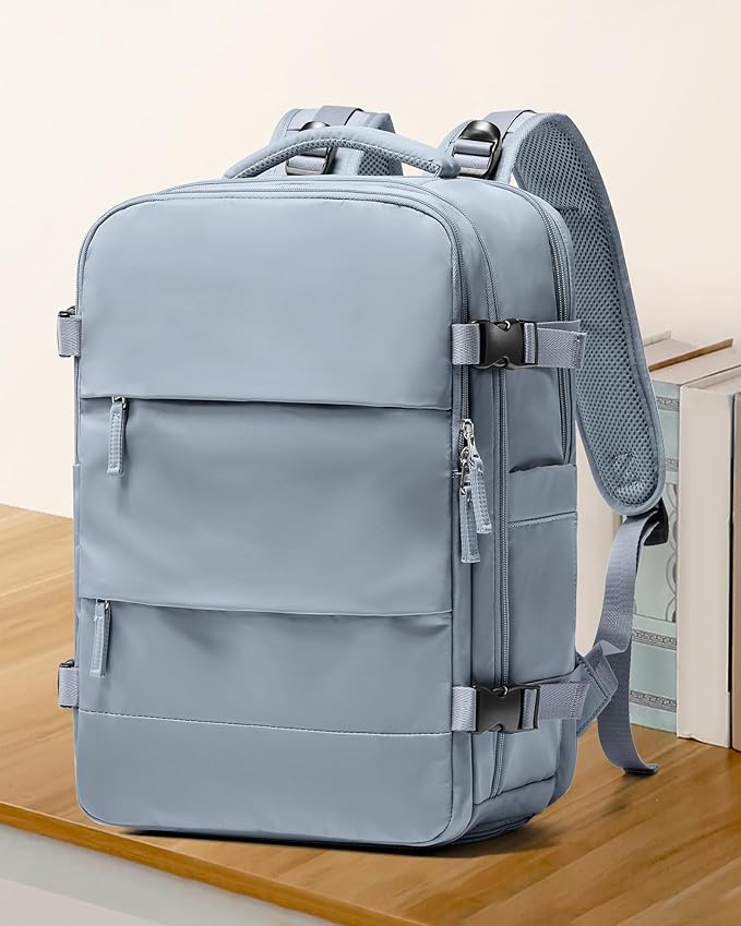 coowoz Large Travel Backpack For Women Men,Carry On Backpack Flight Approved,Hiking Backpack Waterproof Outdoor Rucksack Casual Daypack Fit 15.6 Inch Laptop Shoes Compartment (Gray Blue-L)