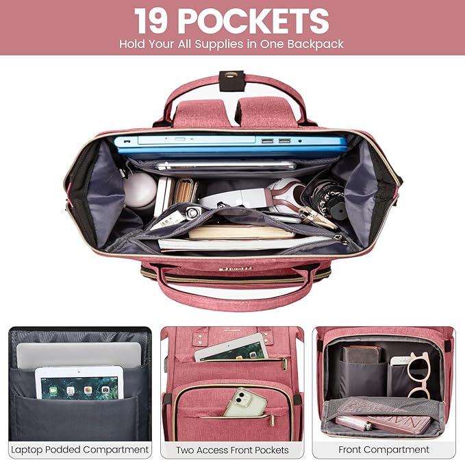 LOVEVOOK Laptop Backpack for Women,17 Inch Professional Womens Travel Backpack Purse Computer Laptop Bag Nurse Teacher Backpack,Waterproof College Work Bag Carry on Back Pack with USB Port,Light-red