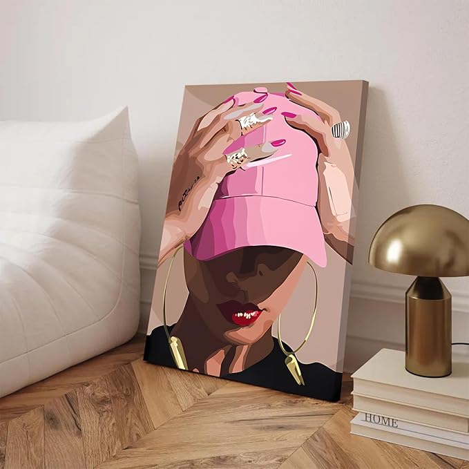 Black Girl Wall Art Set of 3 - Pink African American Woman Canvas Wall Decor Pictures, Fashion Black Woman Paintings Prints for Living Room Bedroom Bathroom Dorm 16x24 inch Framed