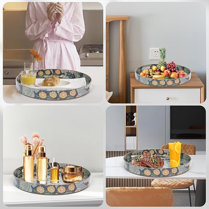 Round Coffee Table Trays, Serving Tray with Handles for Ottoman Coffee Table, Large Tray for Living Room Modern