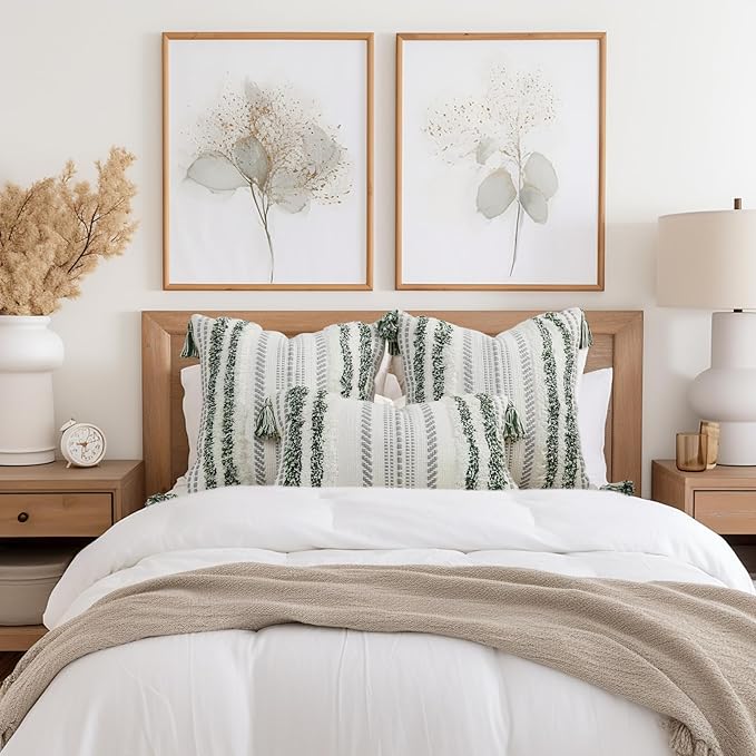 decorUhome Decorative Boho Throw Pillow Cover 20x20, Accent Neutral Textured Tufted Pillow Cover Striped for Couch Bed Sofa, Green and Cream White, Pack of 1