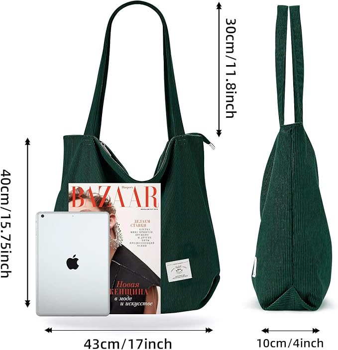 KALIDI Women Corduroy Tote Bag Zipper Casual Tote's Handbag Big Capacity Shoulder Bag with Pockets