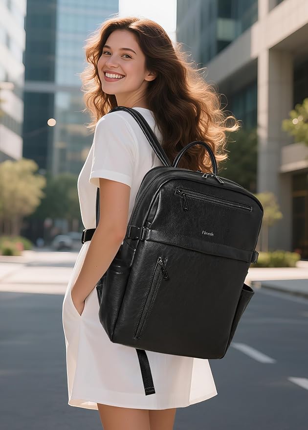 Leather Laptop Backpack for Women, 15.6 Inch Laptop Travel Backpack Purse Large Capacity Computer Bag, Casual Daypack Nurse Bag College Bookbag for School, Black