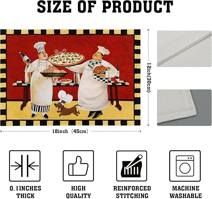 Giwawa Fat Chef Placemats Italian Pizza Bistro Anti-Fatigue Red Wine Linen Table Mat Set of 4 Cooking Food Heat Stain Resistant Place Mats for Dining Kitchen Party Holiday Decoration