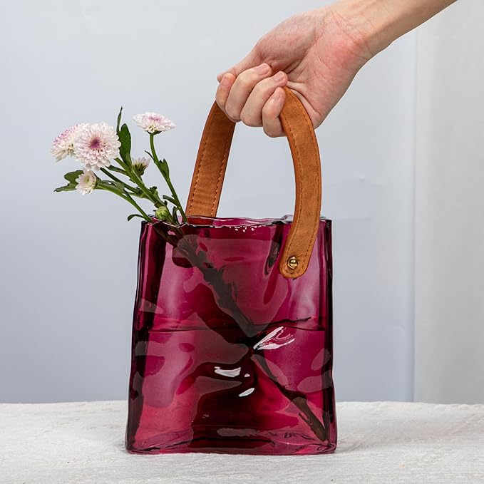 Glass Purse Vase for Flowers Brownish Purple Vases for Centerpieces Glass Bag Vase with Leather Handle Small Bag Vases for Decor Decorative Fish Bowl for Home Wedding Decor