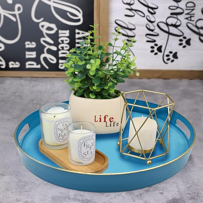 Round Serving Tray with Handles,Elegant Plastic Decorative Tray,Round Ottoman Trays Coffee Table Trays for Living Room,Home Decor 13"