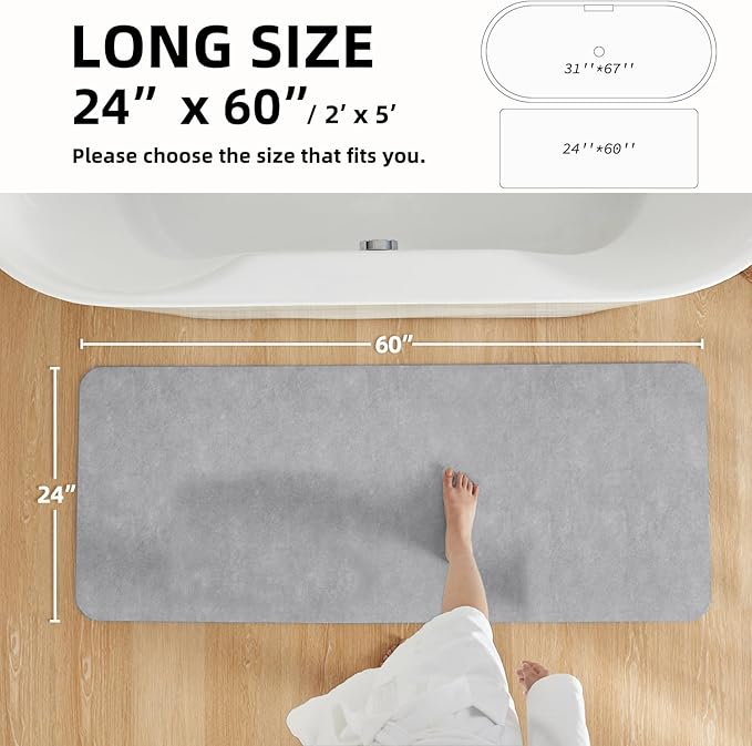 Bathroom Mat Quick Dry, Bathroom Rugs Non Slip Washable Thin Absorbent Bath Mat Fits Under Door Bathroom Floor Mat Perfect for Bath, Shower, or Sink 24"x60" Light Grey