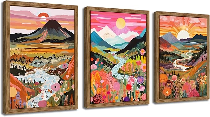 Wood Framed Boho Colorful Landscape Canvas Wall Art Set of 3 - Abstract Mountain Wall Decor Paintings, Nature Floral Poster Prints Aesthetic Home Decor for Living Room Bathroom Bedroom 12x16 inch